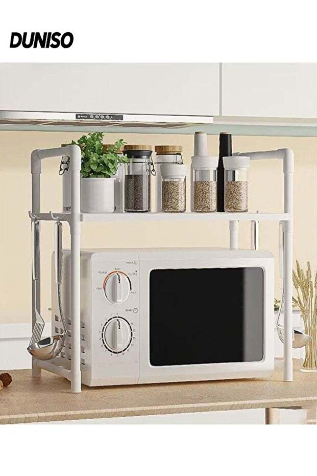 2-Tier Kitchen Storage Rack with Side Hooks, Multifunctional Microwave Oven Rack, Countertop Rack