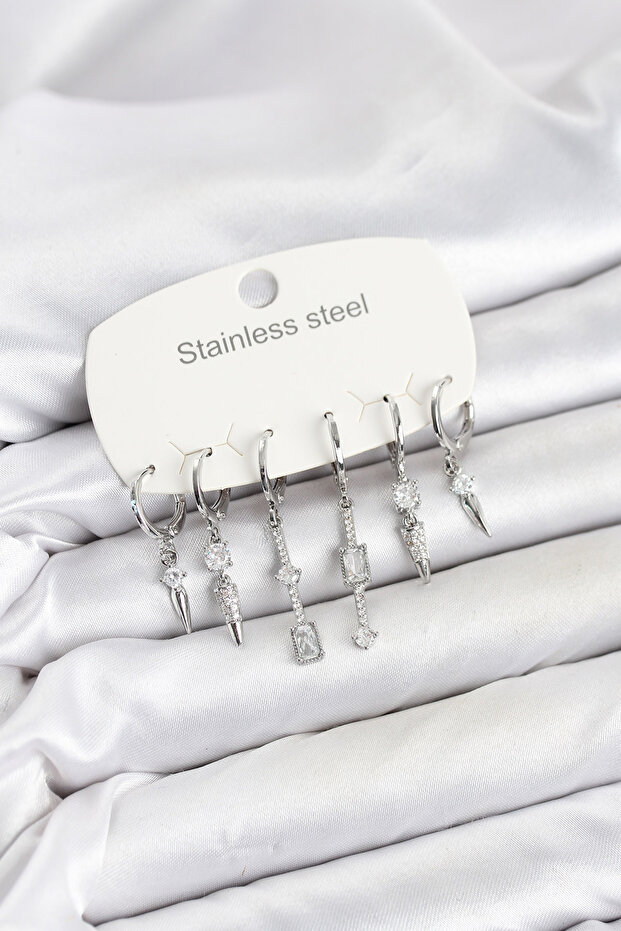 316L Steel Silver Color Zircon Stone Women's Earring Set -