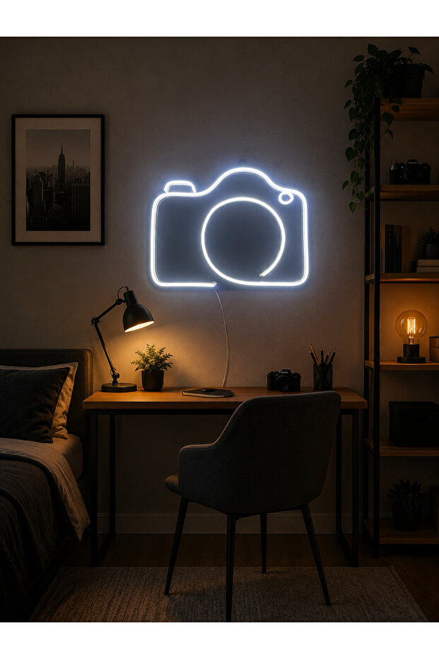 Kamera Figürlü LED Neon Tablo | Beyaz Aydınlatmalı Dekor | Fotoğrafçı Hediyesi - 1