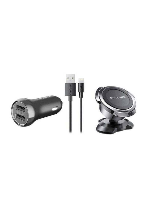 شاحن سيارة متعدد الوظائف، كابل USB-A إلى Lightning، حامل هاتف للسيارة - أسود