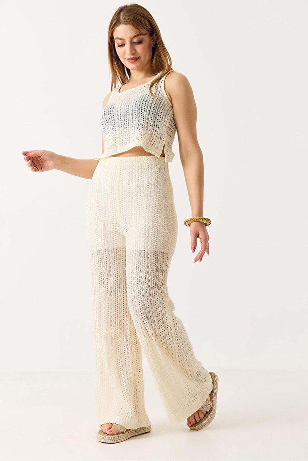 Women's Openwork Trousers and Crop Blouse Double Set Ecru Unlined