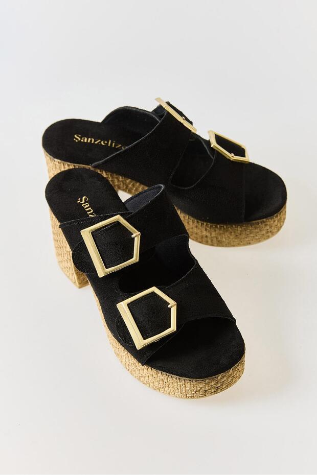Suede Textured Straw Sole Heeled Slippers Black
