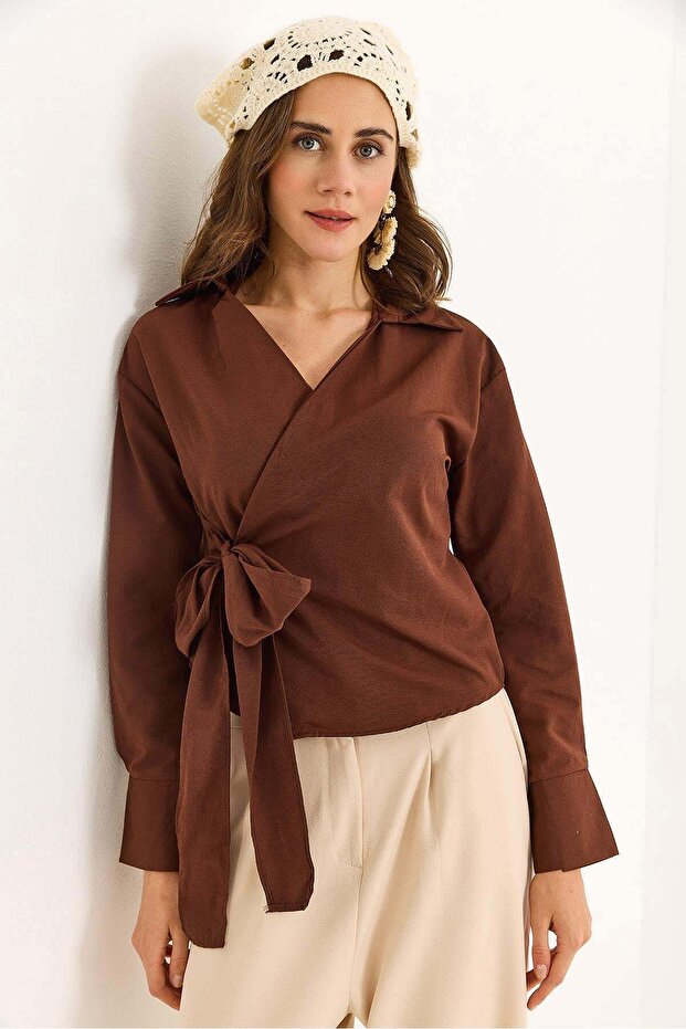 Women's Double-Breasted Collar Brown Shirt with Side Belt