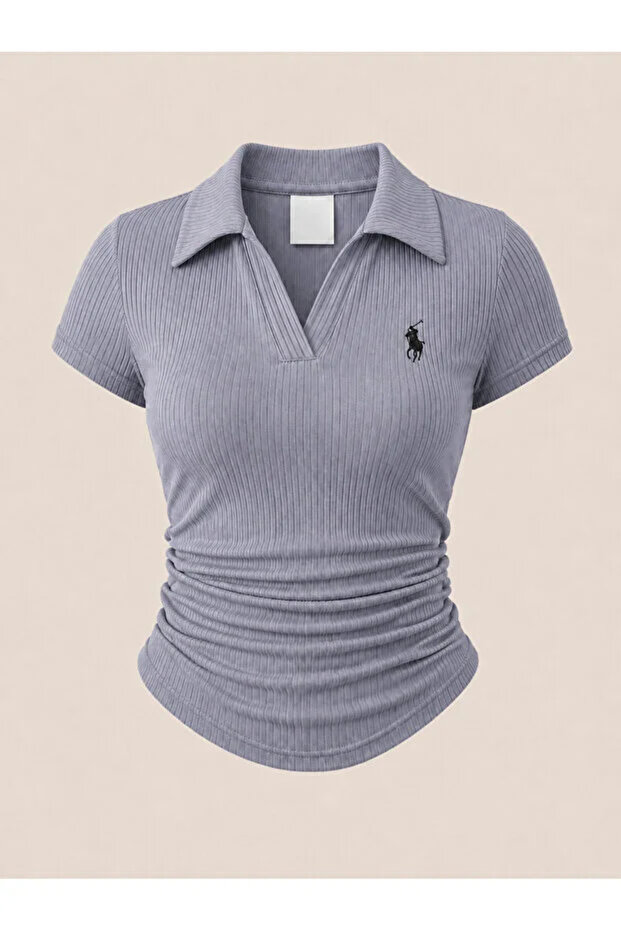 Gray Vintage Embroidery Detailed Draped Polo Collar Lycra Blouse