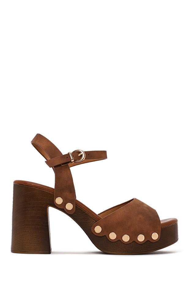 Women's Brown Ankle Buckle Thick Heeled Suede Sandals 26Sfe466010