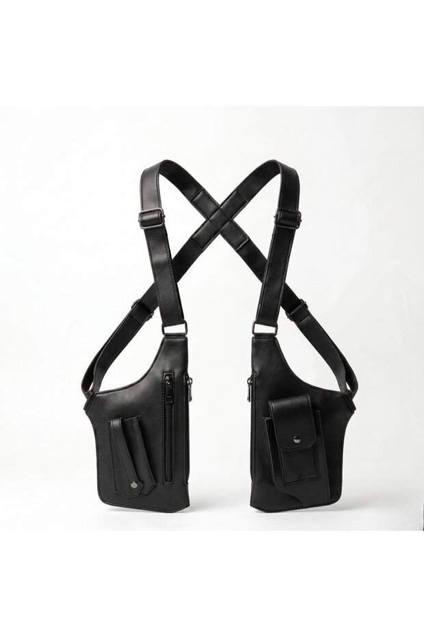 Unisex Black Leather Look Crossbody Multi-Pocket Harness Chest Bag – Adjustable Strap