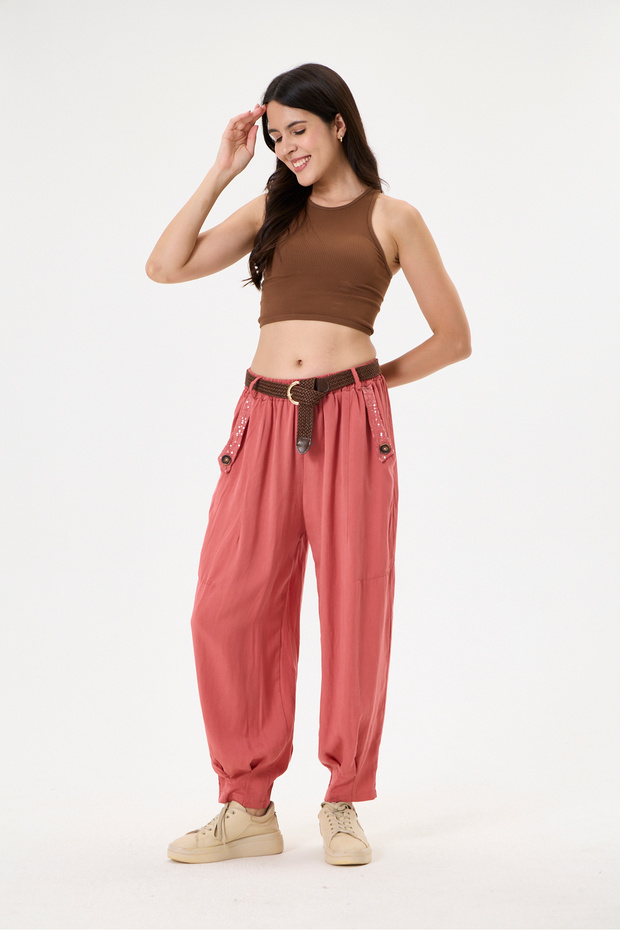 Women's Coral Italian Carrot Fit Elastic Waist Belted Casual Tencel Pants 38 - 46 Size