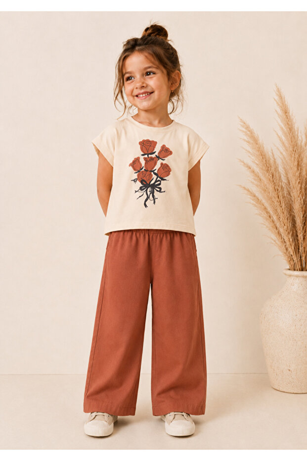 Girl's Rose Printed Thin Summer Wide-Leg Pants Two-Piece Set 2-5 Years Old
