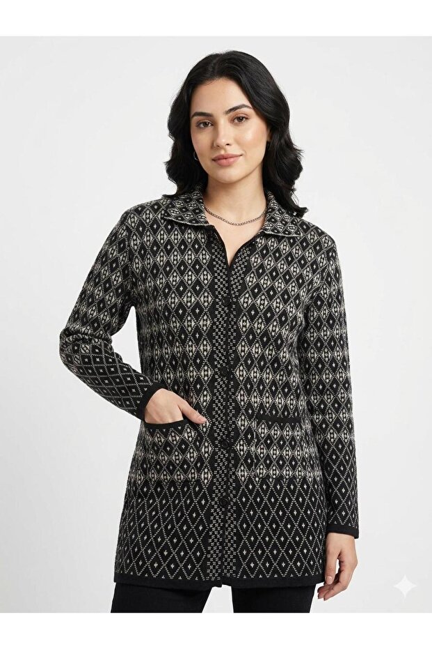 Women's Black and White Diamond Patterned Buttoned Long Knitwear Cardigan, Compatible with Sizes 38-44