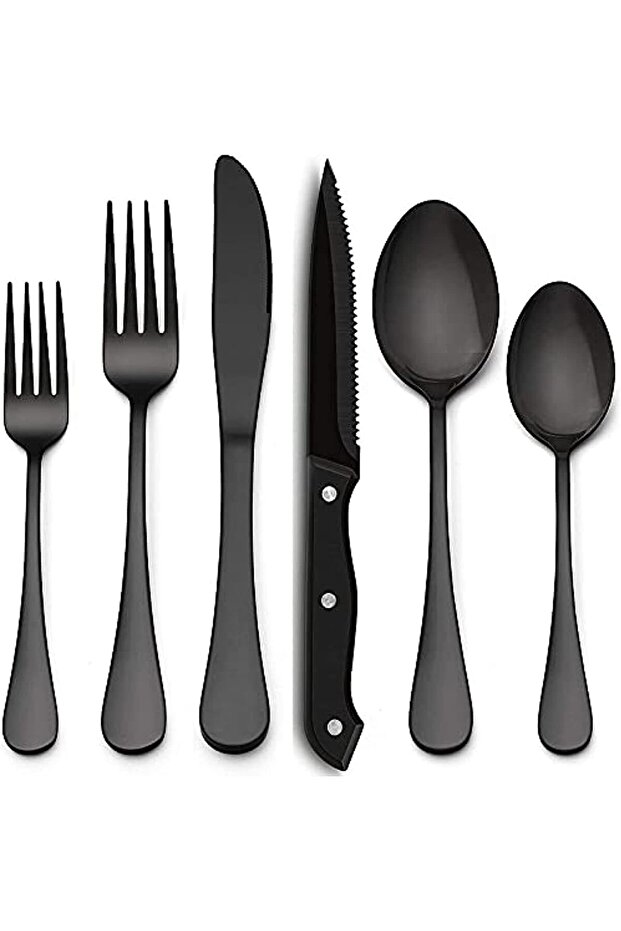 24-Piece Matte Black Silverware Set with Steak Knives for 4, Stainless Steel Flatware