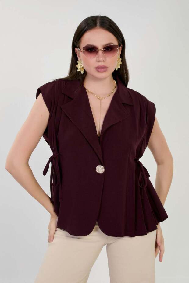 Women's Single Button Vest with Side Ties - Plum