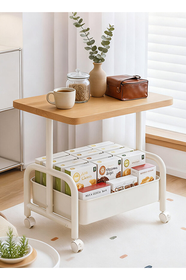 Mobile Rolling Side Table with Storage Basket 2-Tier Wooden Top End Table 360° Lockable Wheels Stable Steel Frame Nightstand for Sofa Bedroom Home Decor