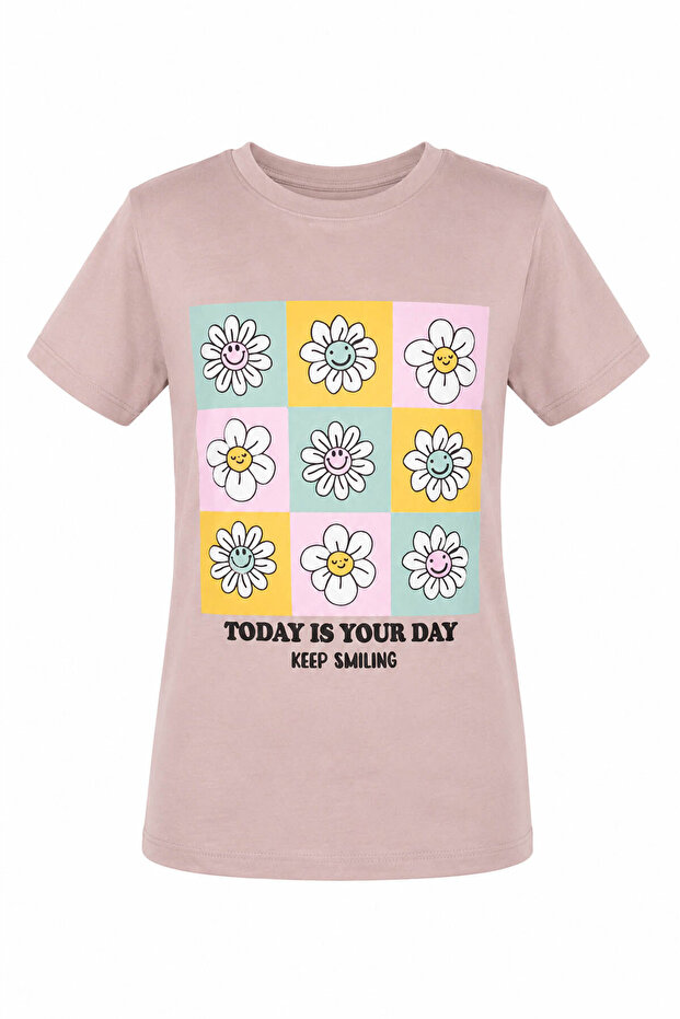 Daisy Printed Beige Girls' T-Shirt 8042
