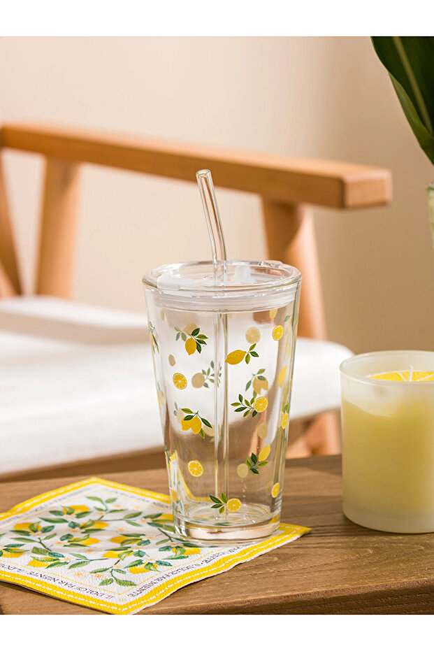 Lcw Home Lemon Printed Glass Cup with Straw 420 ml