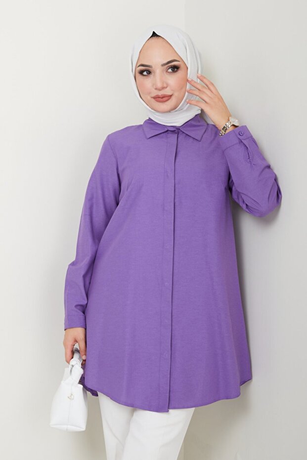 Women's Long Basic Purple Polo Collar Hijab Shirt Dress