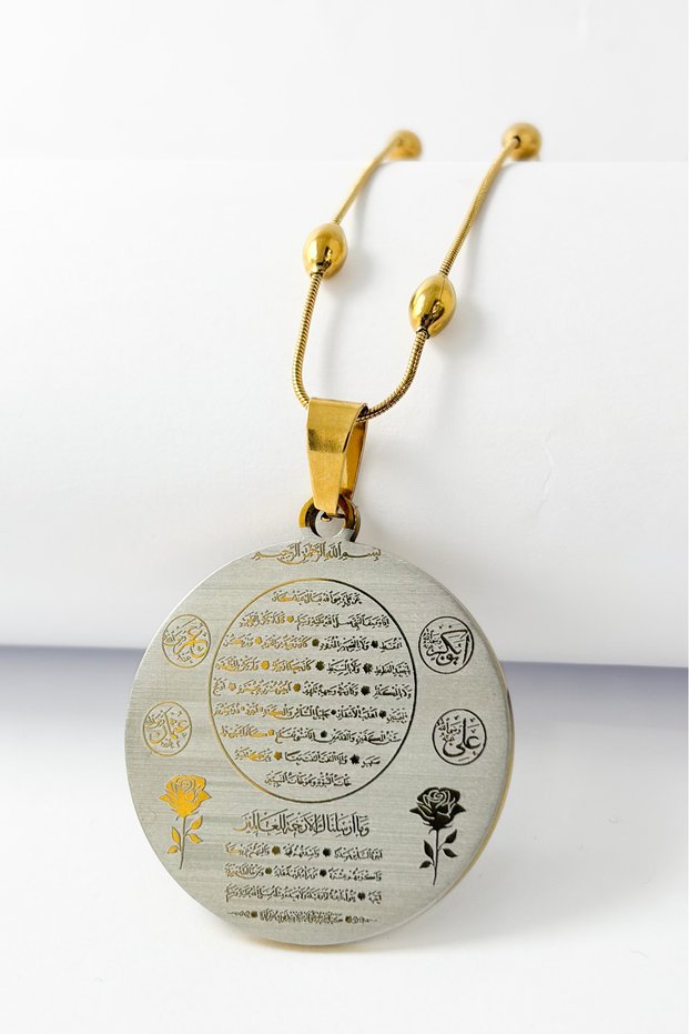 Gold Color Hilye-I Şerif and Ayetel Kürsi Written Prayer Spiritual Design Stainless Steel Necklace with Dorica Chain
