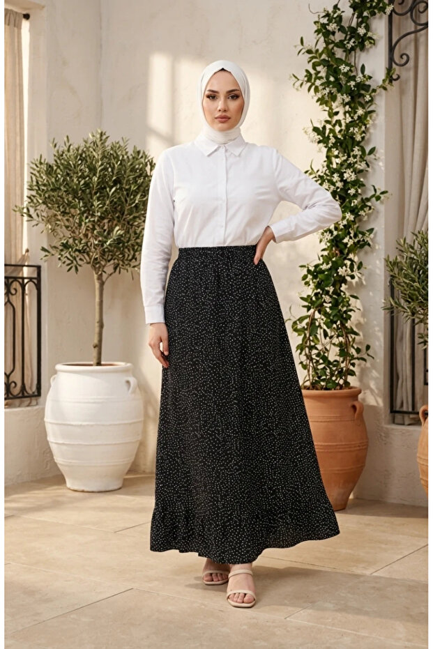 Elastic Waist Polka Dot Patterned Skirt 0309-08 Black