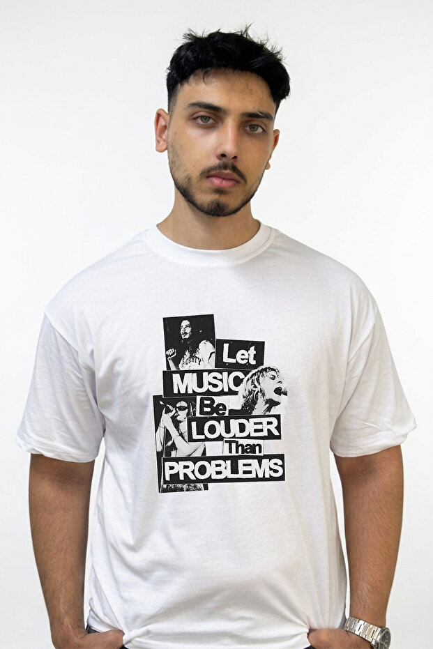Grunge Musicians Design Printed Oversize White T-Shirt