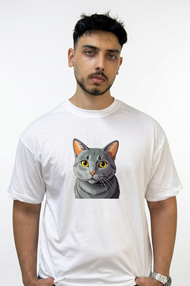 Gray Cat_2 Design Printed Oversize White T-Shirt