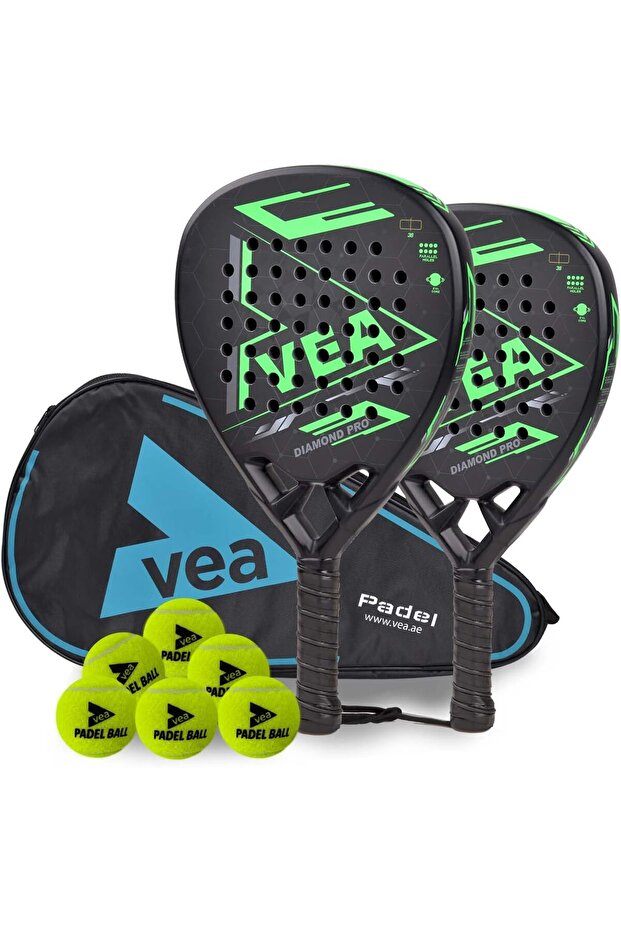 Diamond Pro Padel Racket Twin Pack – 2 Carbon Fiber Rackets with Covers and 2 Tubes of Padel Balls (6 Balls)