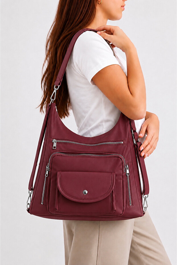 Burgundy Flap Pocket 6-Compartment Backpack and Shoulder Bag – Lined Interior Multi-Compartment Casual Women's Bag