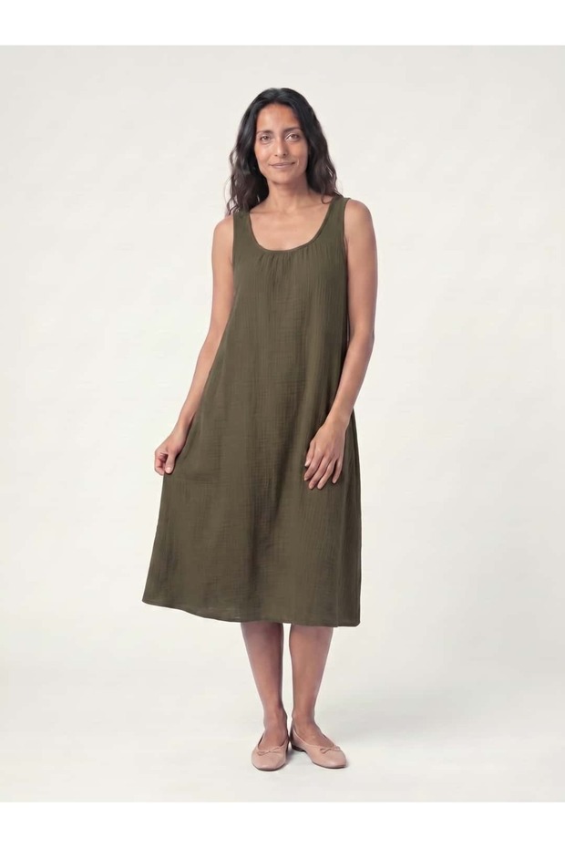 Women's Midi Dress Sleeveless Round Neck Loose Muslin Khaki