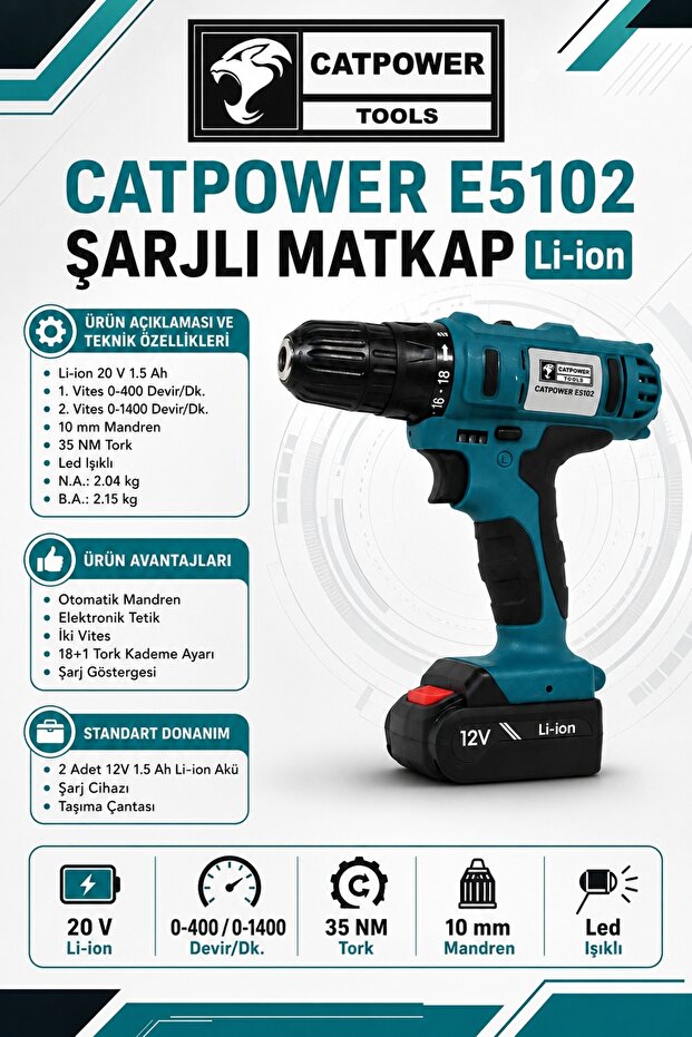 Catpower E5102 Şarjlı Matkap