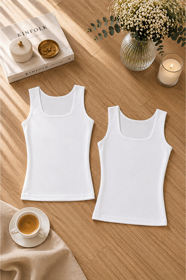 Women's White Square Collar Strappy Cotton Lycra Combed Cotton 2-Piece Undershirt