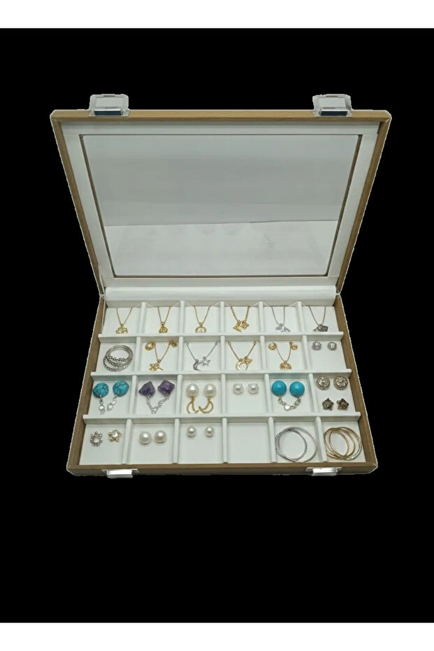 Glass Lid Leather Fabric Coffee-White Color 34 cm / 24 cm 24 Compartments Jewelry Display Stand