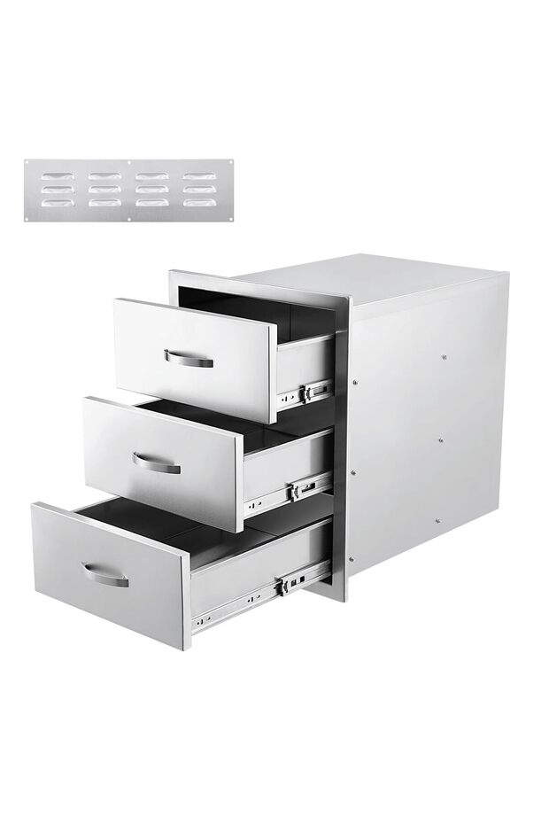 Stainless Steel Outdoor Kitchen Drawers – Triple Access BBQ Storage Cabinet with Smooth Slide and Ventilated Rainproof Design – Durable, Weather-Resistant, Flush Mount – 14x23x21 Inch