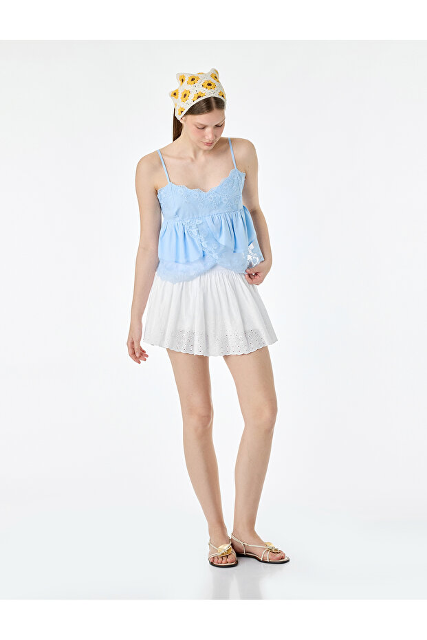 Cotton Pleated Mini Scallop Skirt with Folded Waist