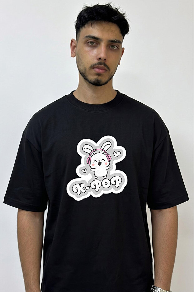 K Pop Tavsan Design Printed Oversize Black T-Shirt