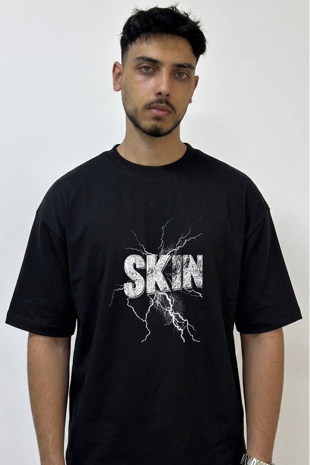 Lightning Skin Design Printed Oversize Black T-Shirt