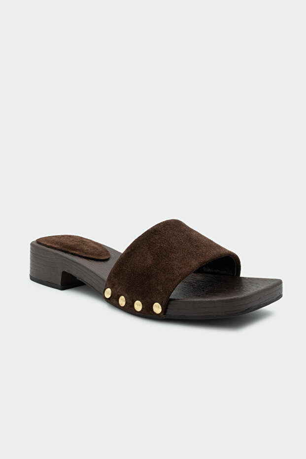 Ellas Genuine Leather Bitter Brown Wood Look Slippers