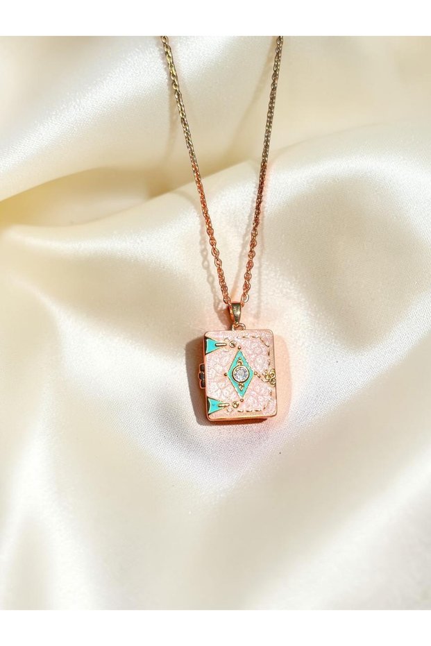 Women's Steel Pink Square Locket Necklace, Openable Photo Necklace