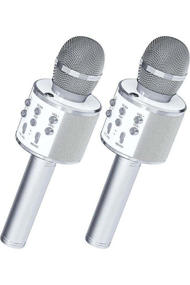 2-Pack Wireless Bluetooth Karaoke Microphones - Portable Handheld Mic Speaker for All Ages (Silver)