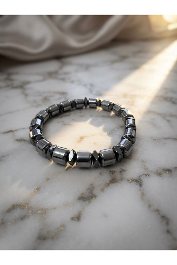 Cylinder and Diamond Cut Hematite Natural Stone Bracelet