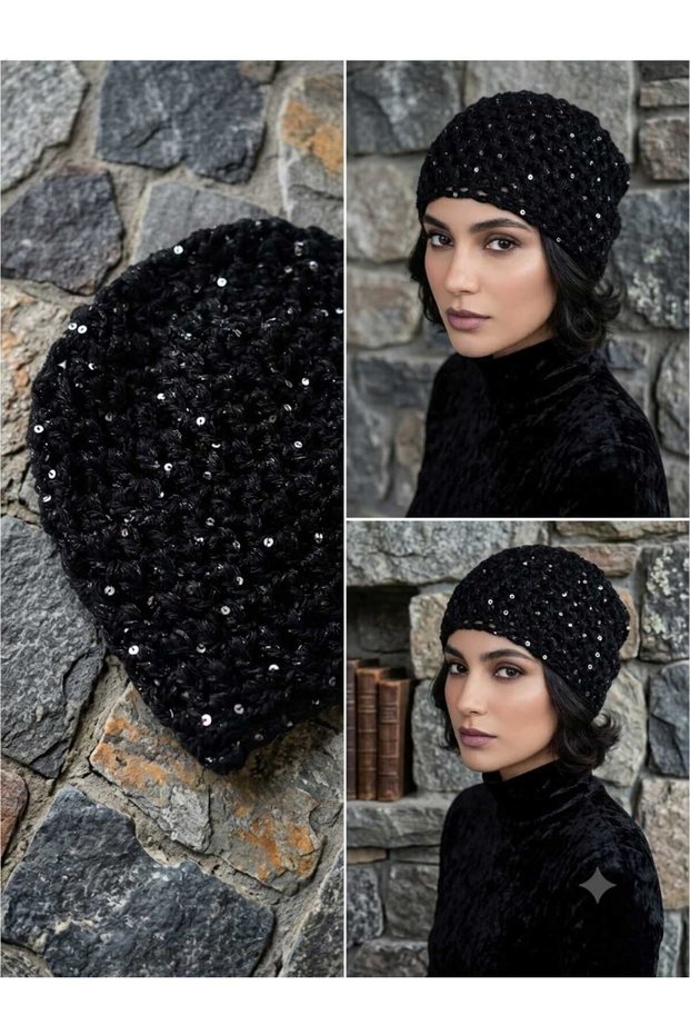 Black Sequined Crochet Beanie ⭐
