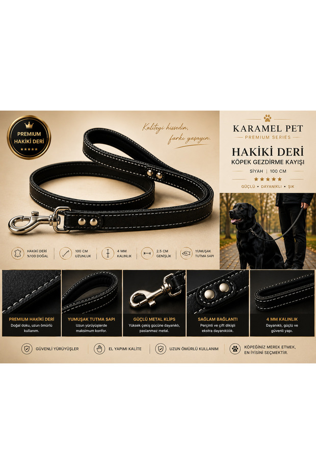 Genuine Leather Dog Walking Leash Black 100 cm with Soft Padded Handle