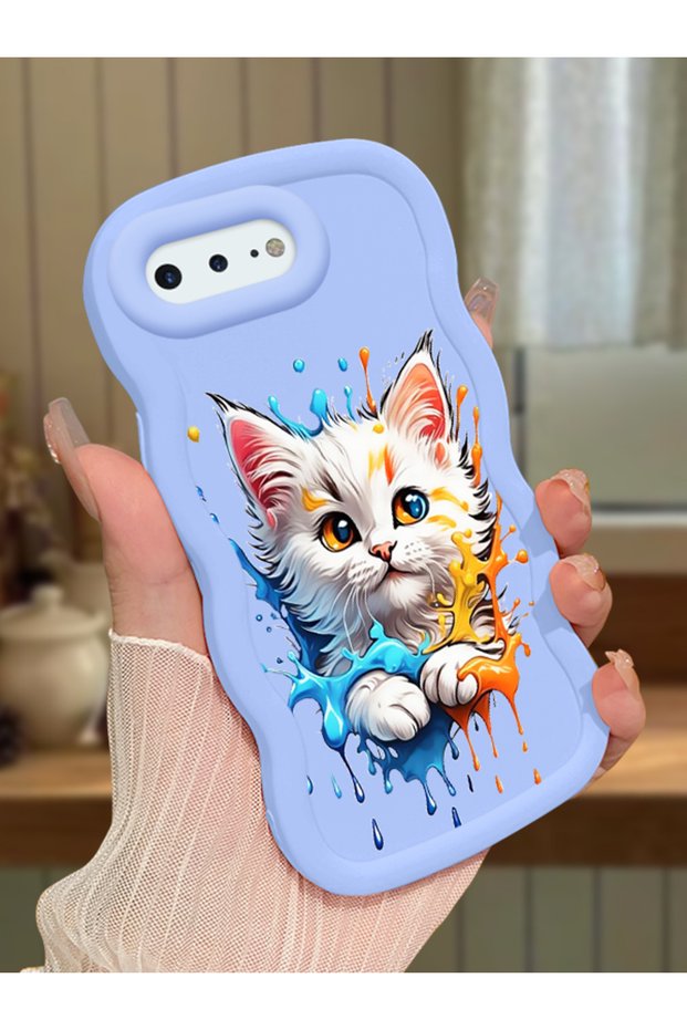 iPhone 8 Plus Compatible Case Camera Protector Blue Silicone Couple Phone Case Cat Pattern