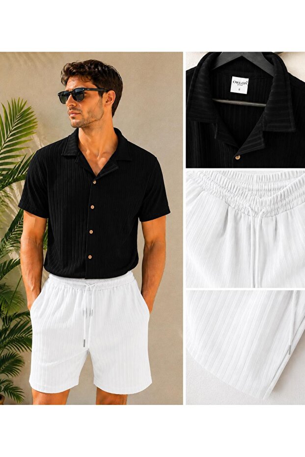 Men's Report Ottoman Fabric Short Sleeve Shirt Shorts Summer Bottom Top Set