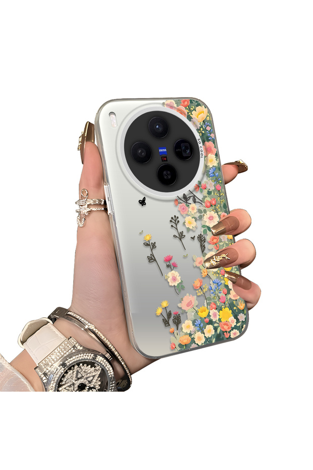 Vivo X300 Compatible Silicone Edge Hard Back Case Couple Phone Case with Floral Pattern