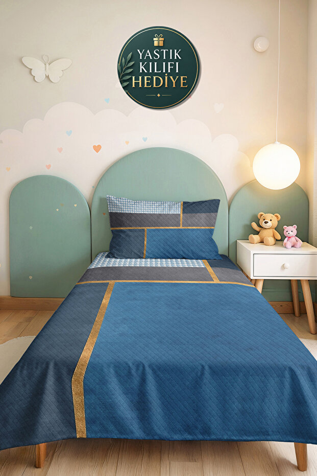 Blue Geometric Modern Young Room Single Pique Set - Gray Gold 160X220 cm Quilted Bedspread