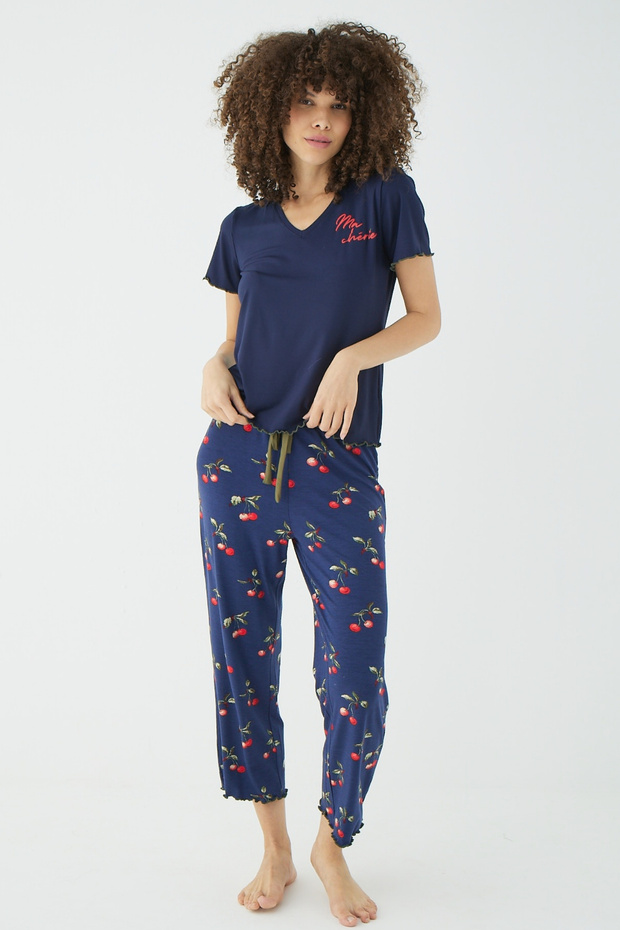 Cherry Patterned Text Printed V-Neck Capri Pajama Set
