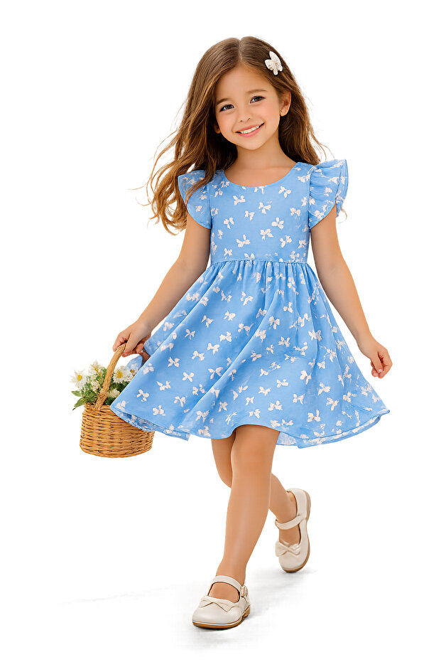 Girl's Blue Bow Patterned Ruffle Sleeve Cotton Summer Casual Dress