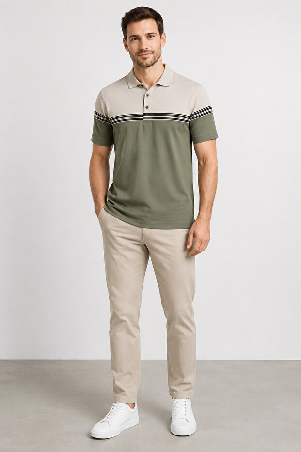 Polo Collar Buttoned Mercerized Men's T-Shirt Ss2300059-Green
