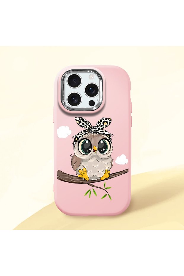 iPhone 16 Pro Max Compatible Case with Camera Protection Pink Silicone Couple Phone Case with Owl Pattern