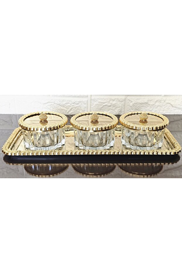 Wicker Frame Full Gold Bowl Set with Tray & Sugar Bowl & Serving Plate & Snack Bowl - with Striped Bowl