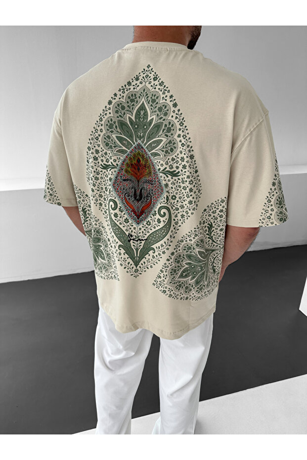 Beige Oversize Anatolian Motif Premium Embroidered T-Shirt