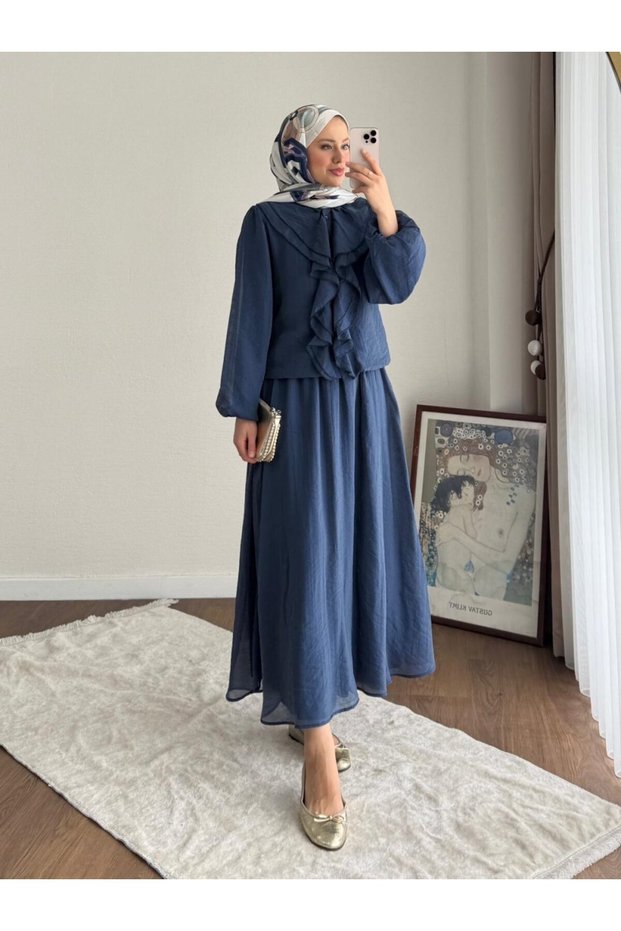 Women's Thin Modal Hijab Set with Ruffled Front Skirt - Navy Blue